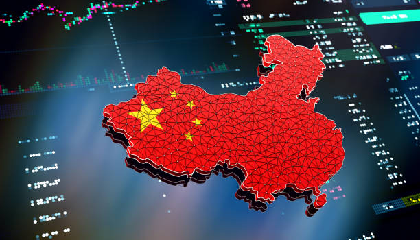 photo of a map of China that is filled in like its flag on a blue background