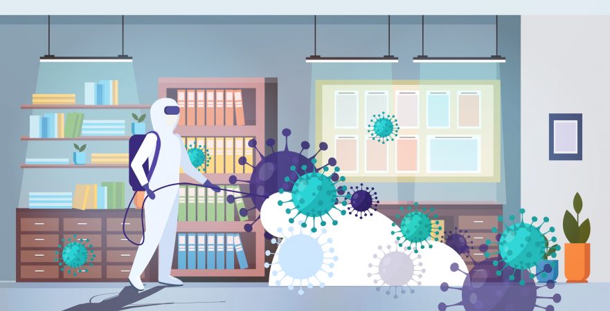 specialist in hazmat suit cleaning disinfecting coronavirus cells epidemic MERS-CoV office interior wuhan 2019-nCoV pandemic health risk full length horizontal vector illustration