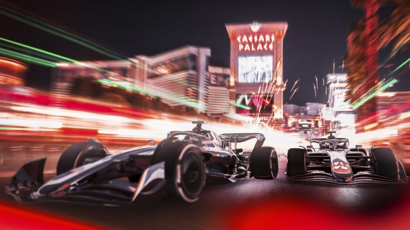 F1 race car in front of Caesars Palace in Las Vegas