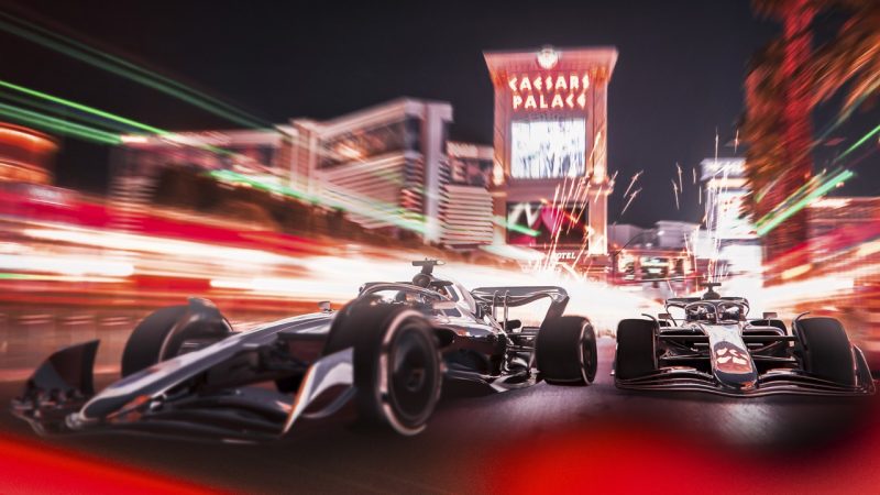 F1 race car in front of Caesars Palace in Las Vegas