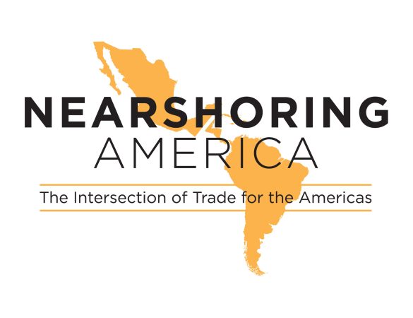 This is the Nearshoring America logo, a golden image of Central and South America.