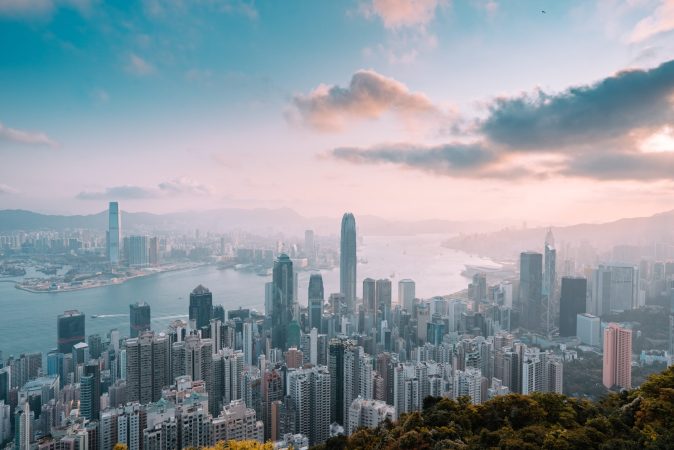 Hong Kong skyline: cityscape with a blue and pink sky