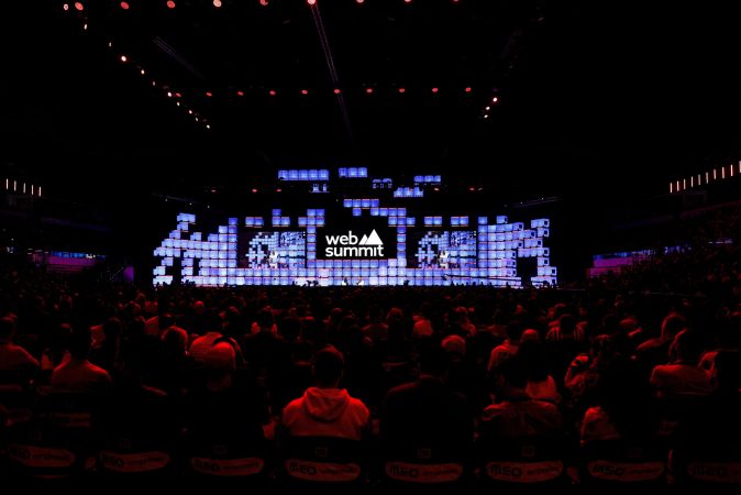 11 November 2024; Etosha Cave, Co-founder & Chief Science Officer, Twelve; left, and Amy Nordrum, Executive Editor, MIT Technology Review; on Centre Stage during the opening night of Web Summit 2024 at the MEO Arena in Lisbon, Portugal Photo by Carlos Rodrigues/Web Summit via Sportsfile