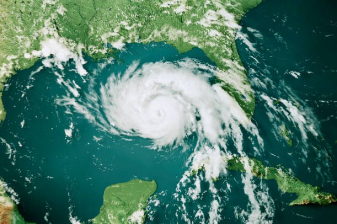 3D Render of the clouds of Hurricane Ida (Aug 28, 2021) on a  Topographic Map of the Gulf of Mexico. 
All source data is in the public domain.
Cloud texture: VIIRS, NOAA-20 courtesy of NASA.
https://worldview.earthdata.nasa.gov
Color texture: Made with Natural Earth. 
http://www.naturalearthdata.com/downloads/10m-raster-data/10m-cross-blend-hypso/
Relief texture: SRTM data courtesy of NASA JPL (2020).  
https://e4ftl01.cr.usgs.gov//DP133/SRTM/SRTMGL3.003/2000.02.11
Water texture: SRTM Water Body SWDB:
https://dds.cr.usgs.gov/srtm/version2_1/SWBD/