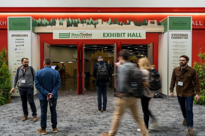 people walking into the International Mass Timber Conference